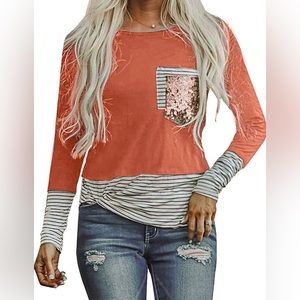 Women's Fashion Printed Orange Block Long Sleeve Tops Patch Pocket Tunic SM